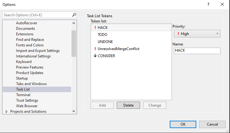 Visual Studio Options dialog showing the Task List menu