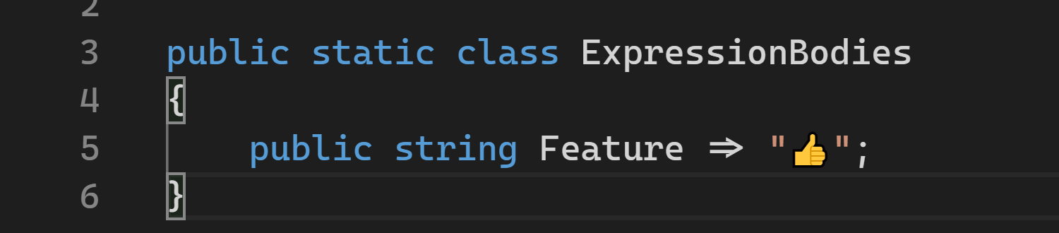 A picture of a C# class with a single string property that uses an expression-bodied member to return a 'thumbs up' emoji.